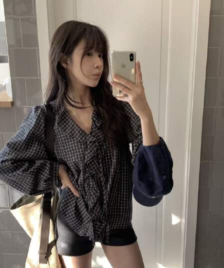 26 가을 새로운 동대문 한국 품격 다용도 체크무늬 레이스 칼라 여성 셔츠