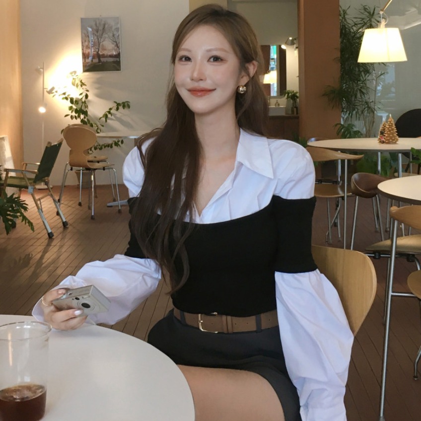 BY32160# 韩国东大门秋季百搭设计感拼接翻领衬衫 服裝批發女裝批發服飾貨源