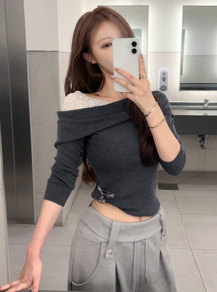 BY32159# 秋季新款斜领蕾丝拼接长袖针织衫巨好看上衣 服裝批發女裝批發服飾貨源