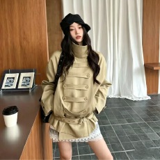 批发2026秋季新款美式复古拿破仑扣帅气立领宽松夹克风衣外套女