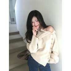 批发金裕贞同款廓形设计感毛衣秋冬高领泡泡袖开衫针织上衣女