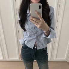 批发~高智姐感穿搭韩系修身显瘦百搭翻领条纹<b class='q'>衬衫</b><b class='q'>女</b>装上衣