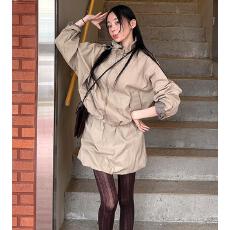 批发ins复古缪系 韩国撞色抽绳休闲宽松风衣<b class='q'>花苞</b>上衣+短<b class='q'>裙</b>套装