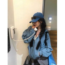批发章若楠同款韩国设计师秋宽松休闲海蓝色连帽卫<b class='q'>衣外套</b>女