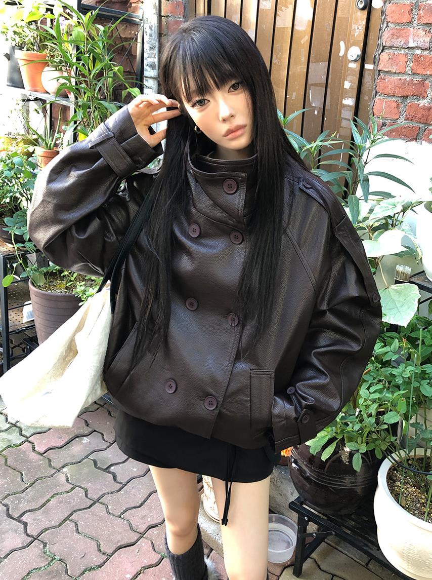 BY36125# 有货早秋新款韩系高级感气质宽松双排扣皮衣外套女 服裝批發女裝批發服飾貨源