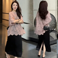 批发孕妇夏装套装两件套慵懒风蕾丝t恤上衣<b class='q'>女</b>+洋气时髦缎面<b class='q'>半身裙</b>