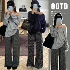 批发<b class='q'>孕妇</b><b class='q'>慵懒</b>风宽松一字肩卫衣+休闲条纹裤时尚套装女