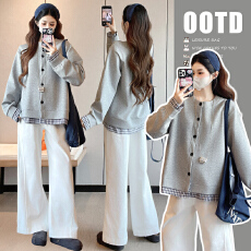 批发实拍孕妇大码假两件格子拼接卫衣外套套装宽松阔腿牛仔裤