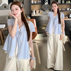 批发孕妇<b class='q'>韩</b>版法式天丝<b class='q'>衬衫</b>女薄款假两件甜美娃娃衫＋阔腿长<b class='q'>裤</b>套<b class='q'>装</b>