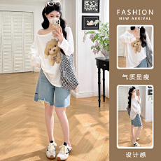 批发实拍 孕妇T恤短<b class='q'>裤</b>套装水洗蓝五分中<b class='q'>裤</b>做旧阔腿牛仔<b class='q'>裤</b>直筒短<b class='q'>裤</b>