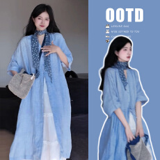 批发系温柔风宽松<b class='q'>休闲</b>百搭蓝色衬衫裙女＋<b class='q'>孕妇</b><b class='q'>高腰</b>显瘦大摆半身长裙