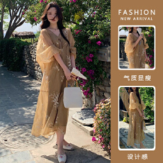 批发现    新中式国风孕妇连衣裙女春夏慵懒风宽松刺绣懒人长裙