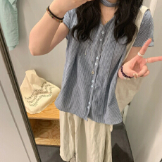 批发大码韩版飘带V领条纹短袖衬衫＋孕妇半身裙