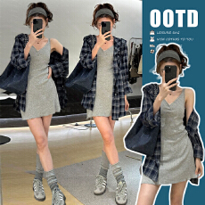 批发韩系收腰吊带连衣群加连帽<b class='q'>格子</b>宽松百搭衬<b class='q'>衫</b>外套大码孕妇套装