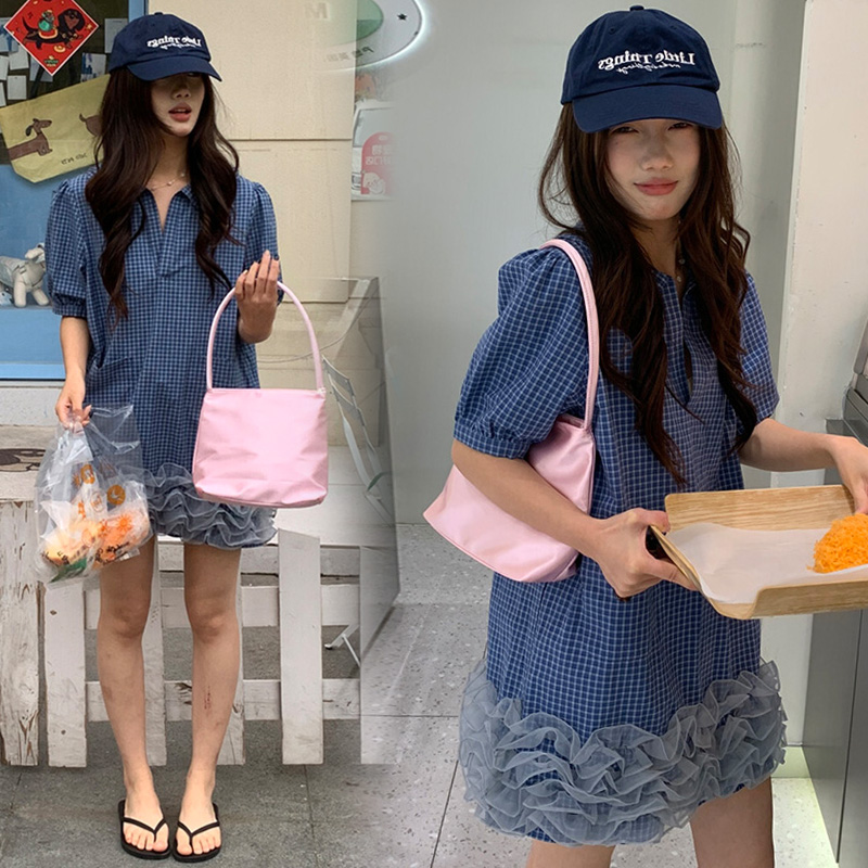 임산부 루즈핏 드레스 불규칙 프릴 다용도 체크무늬 롱 스커트 품격 캐주얼