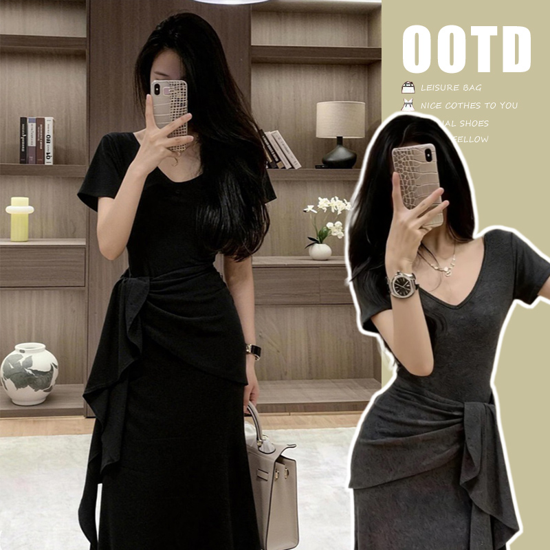 임산부 반팔 여성 드레스 여름 프랑스식 품격 디자인 센스 몸매 가꾸기 슬림해 보이는 V넥 타이트 스커트 롱 스커트 여성