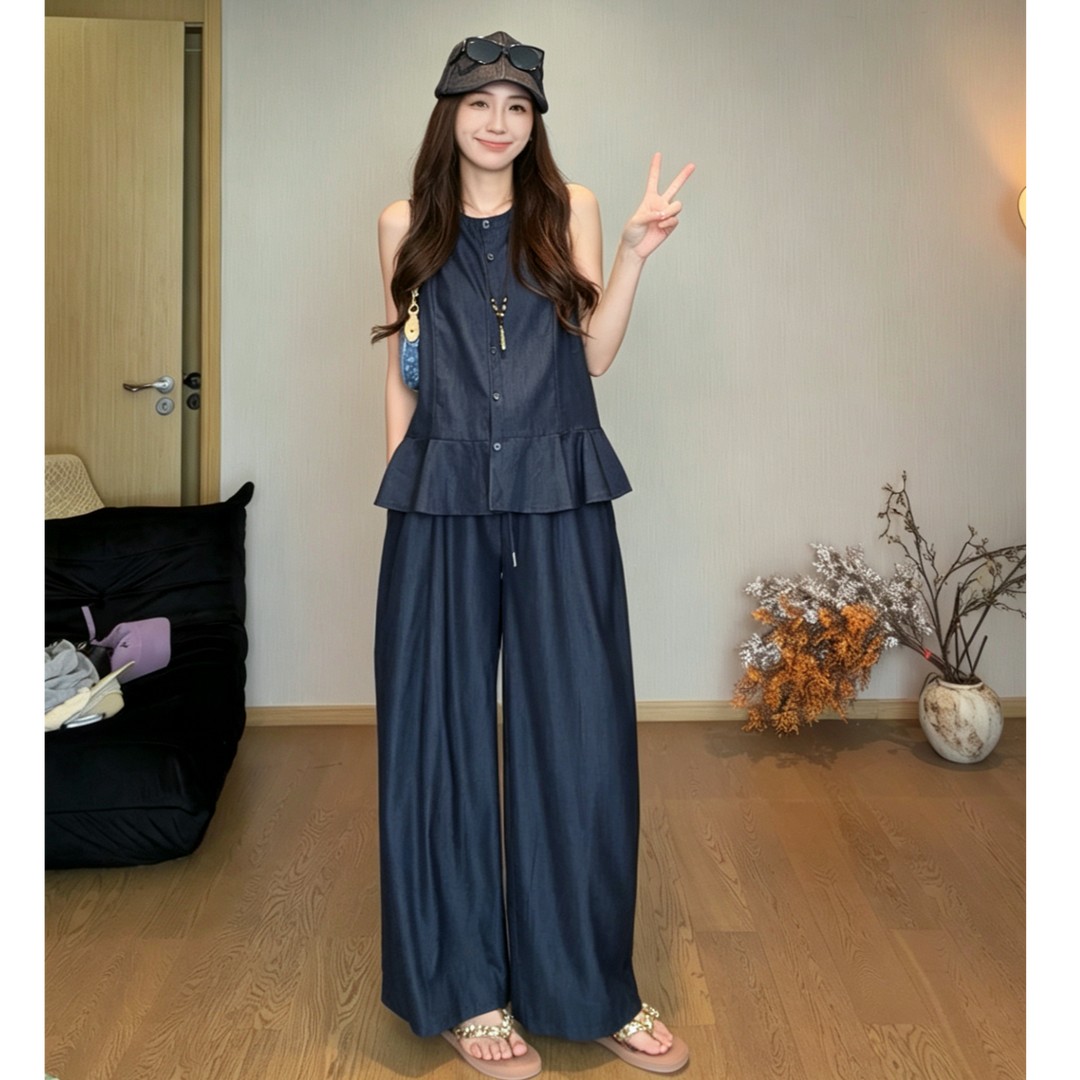 지금 임산부 프릴 민소매 셔츠 조끼 베스트 맨위 코디 캐주얼 와이드 레그 팬츠 두 조각 여성 세트