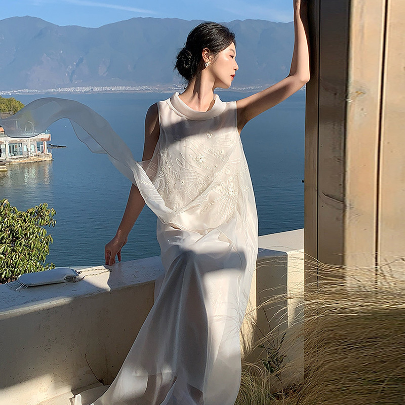 지금 지금 빅 사이즈 임산부 한국 스타일 부드러운 바람 민소매 요정 가스 롱 스커트 여성 고귀한 품격 자수 자수 요정 치마