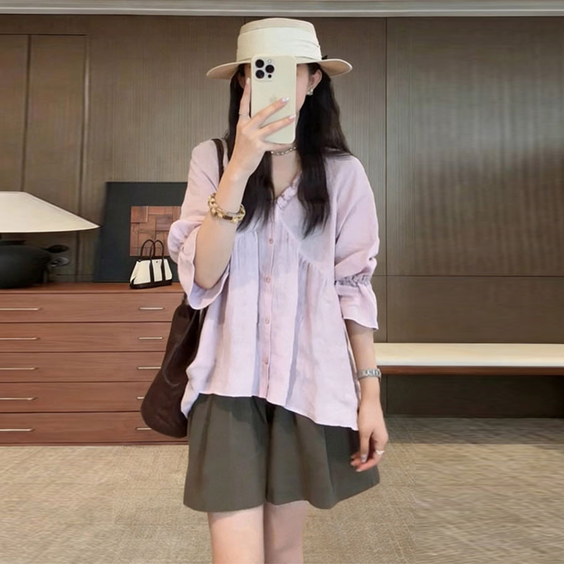 임산부 여름 새로운 여성 한 부서 부드러운 바람 루즈핏 V넥 얇은 스타일 셔츠 맨위 하이웨이스트 슬림해 보이는 넓은 다리가 짧다. 바지