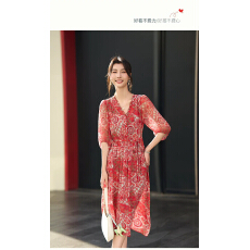 批发单层无里衬不透复古印花<b class='q'>连衣裙</b>女中长款系带气质真丝裙