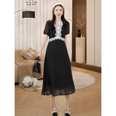 批发法式波点V领蕾丝花边拼接设计感显瘦收腰雪纺连衣裙女夏长裙女装