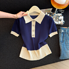 批发实拍2026夏季新款PILO领<b class='q'>针织衫</b>短袖显瘦简约设计感<b class='q'>针织衫</b>上衣女