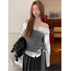 批发甜辣假两件拼接一字肩上衣女设计感修身显瘦绑带<b class='q'>衬衫</b>