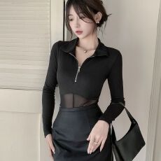 批发甜酷POLO领长袖T恤御姐透视网纱<b class='q'>夜店</b>风性感连体衣服上衣