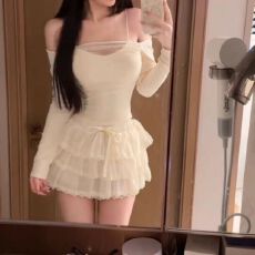 批发纯欲性感网纱一字肩长袖T恤女早秋轻熟露肩修身上衣