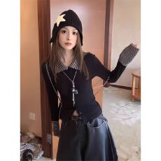 批发撞色拼接翻领长袖t恤女春秋爆款韩版修身显瘦<b class='q'>休闲</b>百搭洋气上衣冬