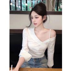 批发白色斜肩抽褶<b class='q'>衬衫女</b>秋季2025新款设计感气质韩系修身收腰长袖上衣