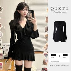 批发高捻<b class='q'>雪纺</b>面料+内里一纯欲风性感V领长袖显瘦荷叶边黑色包臀短裙