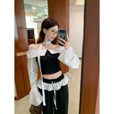 批发【原版面料】美式波点一字露肩长袖t恤女春秋新款<b class='q'>修身</b>辣妹上衣