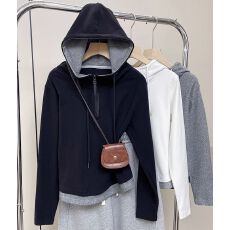 批发秋冬新款黑色连帽卫衣女时尚大码撞色设计半拉链显瘦长袖T恤上衣