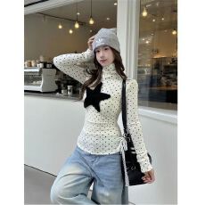 批发复古风甜美堆堆领波点长袖t恤女秋冬韩系显瘦内搭