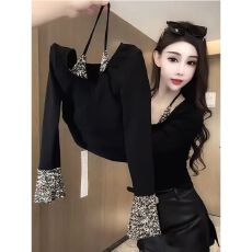 批发亮片挂脖假两件长袖<b class='q'>t</b><b class='q'>恤</b>女秋冬辣妹修身打底衫上衣