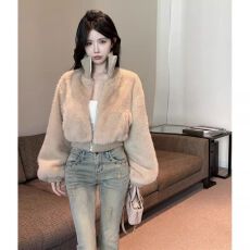 秋冬新款法式双层螺纹高领拼接宽松休闲加棉加厚保暖欧货短外套女