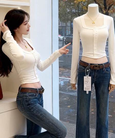 2026 광장 칼라 핫걸 순수한 욕망 바람 쇼트 스타일 봄 가을 긴팔 티셔츠 여성 몸매 가꾸기 인사이드 잡아라. 의류