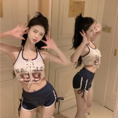 批发2026拼色绑带印花字母挂脖吊带背心外穿套<b class='q'>装</b>显瘦抽绳休闲短裤子女