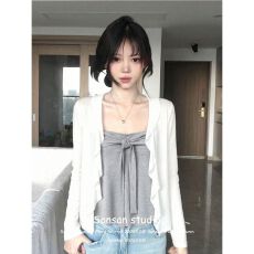 批发韩系荷叶边长袖开衫女春季穿搭内搭抹胸上衣百搭减龄纯欲两件<b class='q'>套装</b>