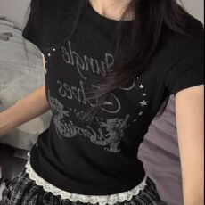 2026美式复古蕾丝花边正肩短袖T恤高级辣妹显瘦上衣