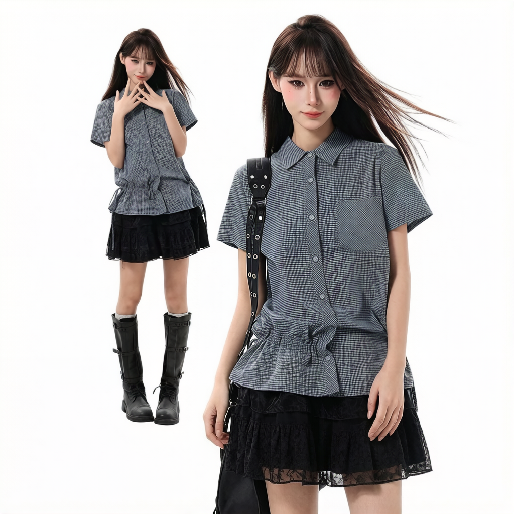 2026 원본 체크무늬 원단 파란색 체크무늬 긍정적 인 어깨 반팔 여성 셔츠 아메리칸 레트로 POLO 칼라 맨위