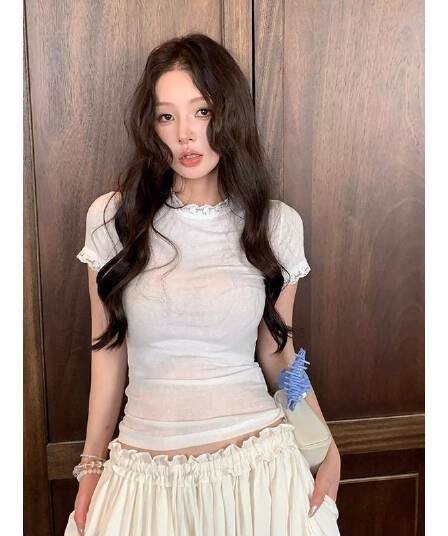 2026 라이 경기 서울 눈꽃 면 레이스 레이스 긍정적 인 어깨 반팔 티셔츠 여성 몸매 가꾸기 쇼트 스타일 맨위