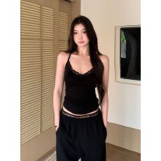 批发2026辣妹风蕾丝花边黑色V领吊带女上衣