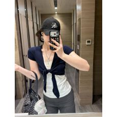 批发2026绑带短袖开衫女夏藏蓝色甜辣上衣两件套上衣