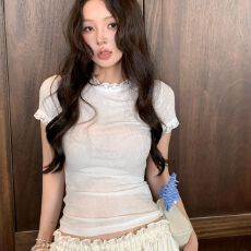 批发2026原版雪花棉 小众法式蕾丝上衣薄短款修身显瘦短袖T恤