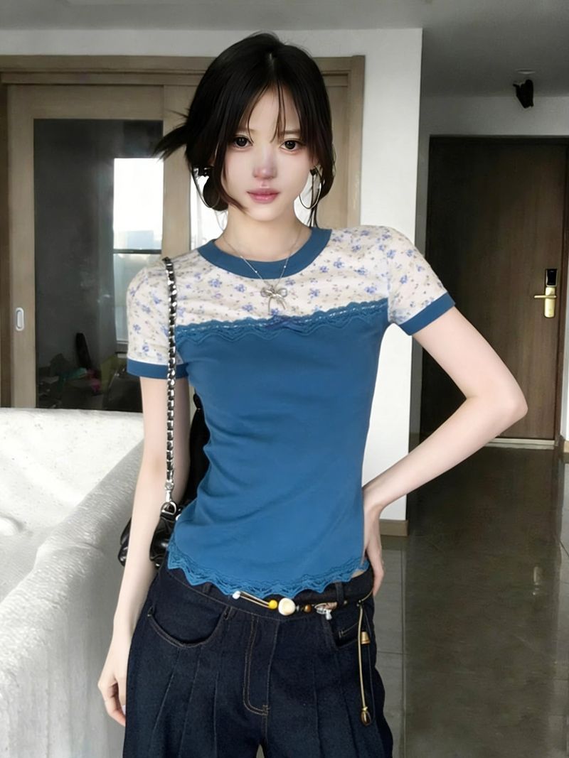 2026 년 여름 새로운 레이스 조각 꽃무늬 반팔 티셔츠 여성 여름 몸매 가꾸기 작은 대중 맨위