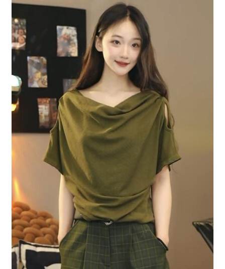 2026 빅 사이즈 여름 새로운 흔들다 칼라 오프숄더 패션 반팔 티셔츠 여성 몸매 가꾸기 슬림해 보이는 맨위