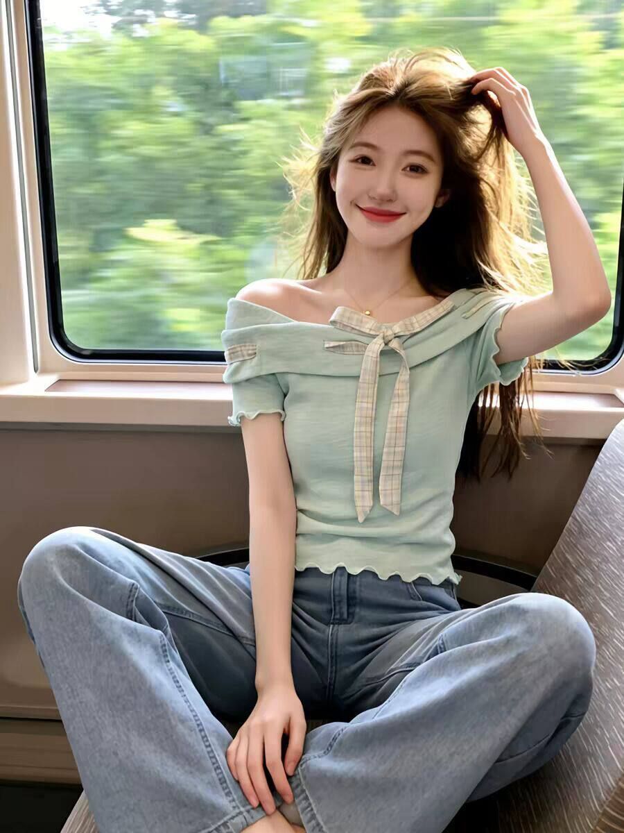 2026 아메리칸 레트로 체크무늬 스트랩 프릴 오프숄더 반팔 티셔츠 여성 여름 몸매 가꾸기 맨위