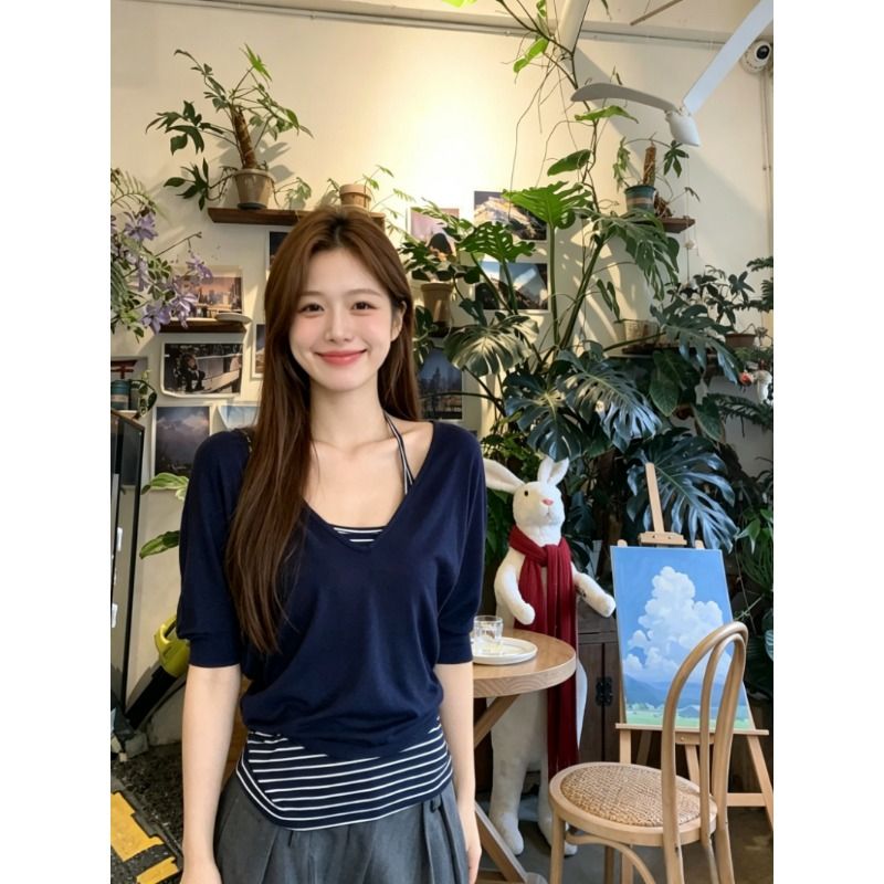 2026 V넥 반팔 티셔츠 세트 여성 여름 스트라이프 슬립 루즈핏 블라우스 맨위